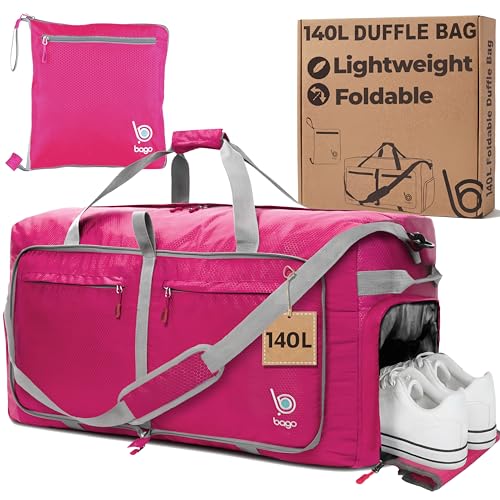 Bago Extra Large Duffle Bag for Travel Women & Men. Durable, Lightweight, Foldable Travel Duffel Bags For Traveling Women. 140L Duffle Bags Use As a Weekender Bag with Shoe Compartment, Checked Duffel - color: Pink, size: 140L