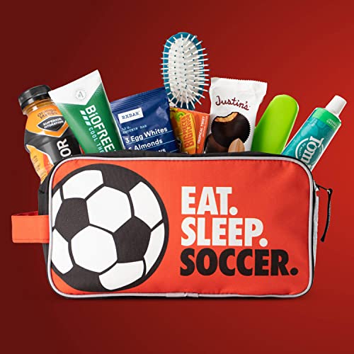 ChalkTalkSPORTS Soccer Toiletry Bag - Eat Sleep Soccer - Red & Black | Polyester, Center Zipper, Side Handle, 11 x 6 x 5 Inches, Sports Camp Bag, Pencil Case, Dopp Kit, Soccer Gift - color: Eat Sleep Soccer