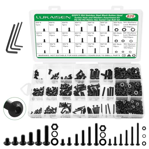 820Pcs Screw Assortment Kit, M2-M4 304 SS Black Hex Button Cap Bolts | With Nuts & Flat Washers & Lock Washers & Wrench, Corrosion Resistant, Length 4-20mm, for 3D Printing, DIY, Home - size: M2 M3 M4 820pcs 2