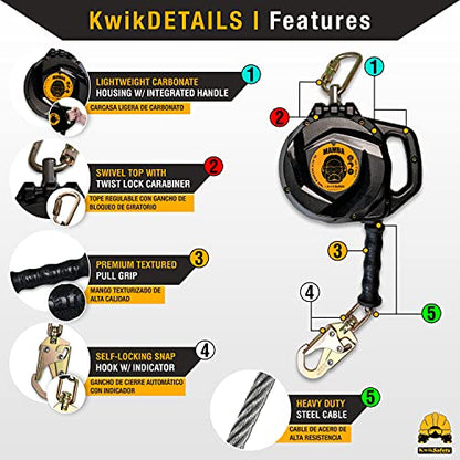 KwikSafety - Charlotte, NC - Mamba 33’ Self Retracting Lifeline [Carbonate + Integrated Handle] Class 1 Cable SRL ANSI OSHA Retractable Fall Arrest Safety Roofing Construction Gear - size: 1 Count (Pack of 1)