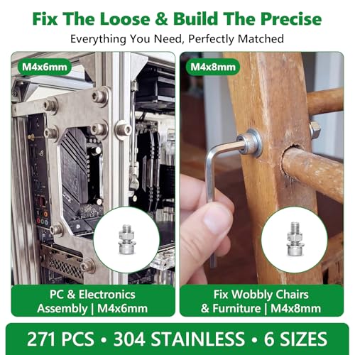 271 Pcs M4 Hex Socket Cap Screws Nuts Washers Wrench Kit, 304 SS | with Flat Washers & Wrench, Metric Fastener Set for Machinery, Brackets & Auto Repair, M4 x 6mm-30mm,Clear Label Storage Box - size: SS M4 271pcs 3