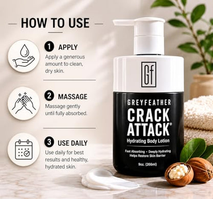 Greyfeather Crack Attack Hydrating Body Lotion for Dry Cracked Skin – Fast Absorbing, Mint Scented, Non-Greasy Moisturizer with Aloe, Shea Butter – Heals Hands, Feet, Elbows, Full Body Repair - size: 9 Fl Oz (Pack of 1)