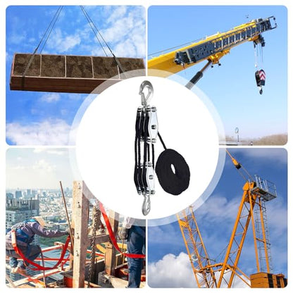Rope Pulley Hoist Multifunctional 2200 LBS Breaking Strength | 3/8 Rope for Lifting Hoisting Rigging Garage Shop Hunting Farm Construction Industrial Warehouse Marine Overhead Recovery - color: Black.