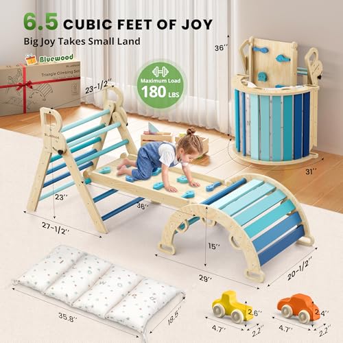 BlueWood Pikler Triangle Set with Cushion, Wooden Climbing Toys for Toddler | Foldable 9-in-1 Montessori Philosophy Toddler Climbing Toys Indoor with Reversible Ramp, Arch and Ladder - Blue - color: Blue