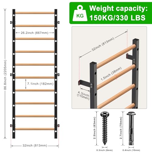 Kipika Gymnastic Wood Stall Bar - 2"x2" Swedish Ladder with 1" Hole, Wall Mounted Ladder Suspension Trainer, Solid Wood Grips Gymnastics Training Bar for Home, Wall Gym, School & Clinics