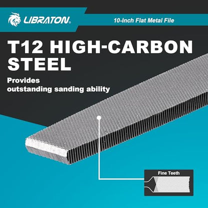 LIBRATON 10-Inch Flat Metal File, Metal File Tool, High Carbon Steel File | with Ergonomic Handle, Hand File for Metal, Metalworking, Wood, Plastic, Flat File for Refining, Shaping and Scraping