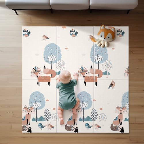 Baby Play Mat, 59" X59 " Extra Large Foldable Baby Mat for Playtime and Tummy Time, Thick Foam Play Mat for Baby, Waterproof, Reversible Portable Playmat for Babies and Todders, Indoor&Outdoor Use - color: Fox, size: 59X59X0.4 Inch