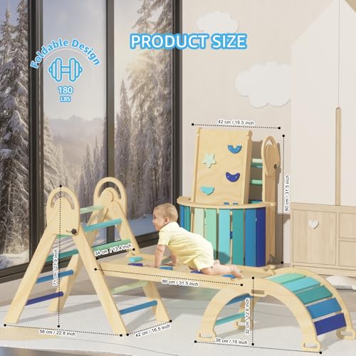 Pikler Triangle Set, Montessori Climbing Set, Baby Climbing Playset Toys Indoor, Jungle Gyms for Toddlers Ages 1-4, Toddler Climbing Playground (Blue-Nature) - color: Nature-blue