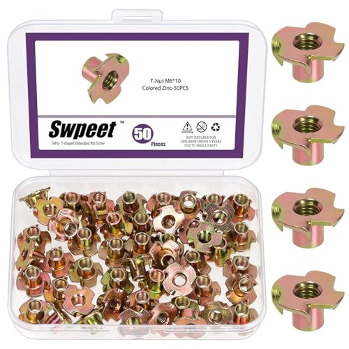 Swpeet 50Pcs M6×10 Color Zinc Plated T-Nuts, 4-Pronged Tee Nut, Threaded Inserts, Bolt Dropper T-Nut Wood Insert for Furniture, Cabinet, Wood, Rock Climbing Holds - color: Color Zinc