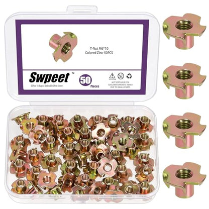 Swpeet 50Pcs M6×10 Color Zinc Plated T-Nuts, 4-Pronged Tee Nut, Threaded Inserts, Bolt Dropper T-Nut Wood Insert for Furniture, Cabinet, Wood, Rock Climbing Holds - color: Color Zinc