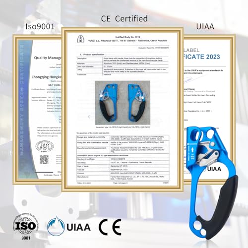 UIAA & CE Certified Hand Ascender Rock Climbing Tree Arborist Rappelling Gear Equipment Rope Clamp for 8~13MM Rope - color: Blue-Right