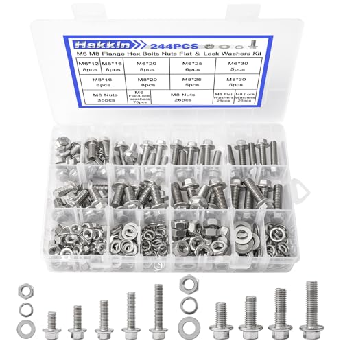 244PCS M6-1.0 M8-1.25 Flange Hex Head Bolts and Nuts Kit, M6 M8 Metric Flange Hexagon Screws Serrated Nuts Washers, 304 Stainless Steel M6 Bolt M8 x 1.25 Bolt Screw Set Hakkin - size: 244PCS M6 M8 Flanged Bolts Silver