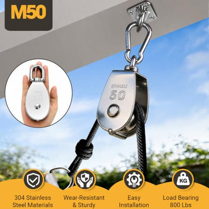 2PCS 304 Stainless Steel M50 Single Rope Pulley Block | Heavy Duty Lifting Crane Swivel Hook for Hanging Wire and Crane Operations | Heavy Duty Lifting Crane Swivel Hook For Hanging Wire and Crane Operations - size: 2P-M50