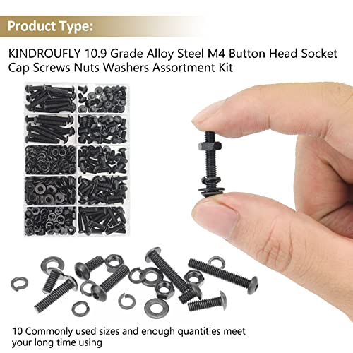 382 Pieces Black M4 x 5/6 /8/10 /12/16 /20mm Button Head Socket Cap Screws Nuts Washers Assortment Kit, 10.9 Grade Alloy Steel - size: M4, style: Button Head