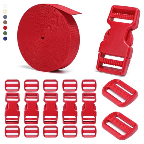 BEYOURD Buckle and Strap Set, 10 Yards Polyester Webbing Strap with 6 Pack Dual Adjustable Side Release Plastic Buckles, 12 Pieces Tri-Glide Slider Clips for Dog Collar (Everyday Series 1 Inch, Red) - color: Red