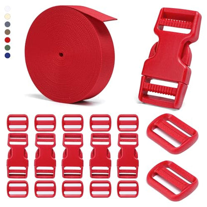 BEYOURD Buckle and Strap Set, 10 Yards Polyester Webbing Strap with 6 Pack Dual Adjustable Side Release Plastic Buckles, 12 Pieces Tri-Glide Slider Clips for Dog Collar (Everyday Series 1 Inch, Red) - color: Red