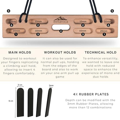 Bellaroca® Portable Hangboard for Rock Climbing – Wooden Climbing Fingerboard with Adjustable Rubber Plates and 12+ Grip Combinations for Bouldering and Finger Strength Training - style: Bar