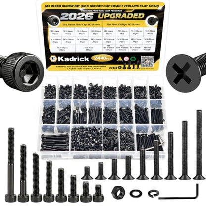 Kadrick M3 Screws Assortment Kit, 2440 Pcs Hex Socket Cap & Phillips Flat Head M3 Bolt Kit, 4-35mm Length, Nuts, Washers & Allen Wrench Included,M3 Bolts for 3D Printing - size: M3 2440Pcs 4-35mm