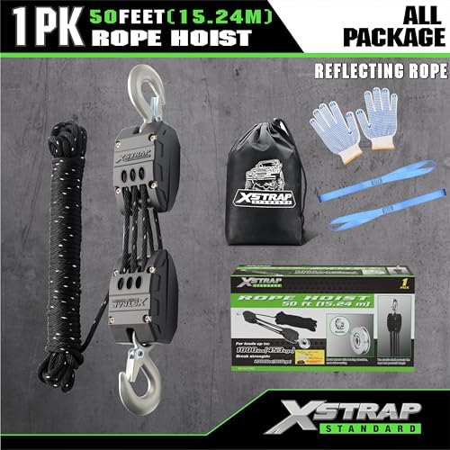 XSTRAP STANDARD 50FT Reflective Rope Hoist 1 Ton 5:1 Block & Tackle w/Loops | 2000Lbs Break Strength, 1 ton wheel block & tackle pulley, includes 2PK 18" soft loops, reflective heavy-duty hoist - color: 50ft Reflective Upgraded