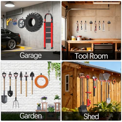 3-H Garage Wall Hooks 14 Pack,Garage Hooks Heavy Duty with Extra Welding Spots,Garage Hooks for Hanging,Garage Organizer for Garden,Lawn,Yard Tools,Chairs,Ladders,WeedEater,Shovel,Blower(Red) | Multi-Purpose Garage Hooks to Organize Garden Lawn Tools, Spo