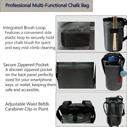 Rock Climbing Chalk Bag & Bouldering Bucket, 7.5" Oxford with Zipper Pocket - Lightweight Gym Accessories for Men Women (Black/Charcoal Grey) - color: Grey