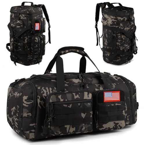 Tactical Gym Bag for Men,50L Large 3-in-1 Sports Duffle Bag for Travel Gym | Water Resistant ,Adjustable Shoulder Strap,MOLLE Weekender Overnight Bag with Shoes Compartment,Gym Backpack for Gym,Travel - color: Camo Black, size: Medium