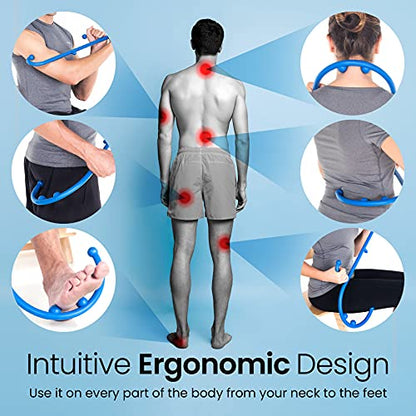 LiBa Deep Tissue Back Neck Massager Theracane for Pain Relief Blue | Pressure trigger point massage tool for full body, pain relief tool, reaches between shoulder blades, BPA-free - color: A. Blue