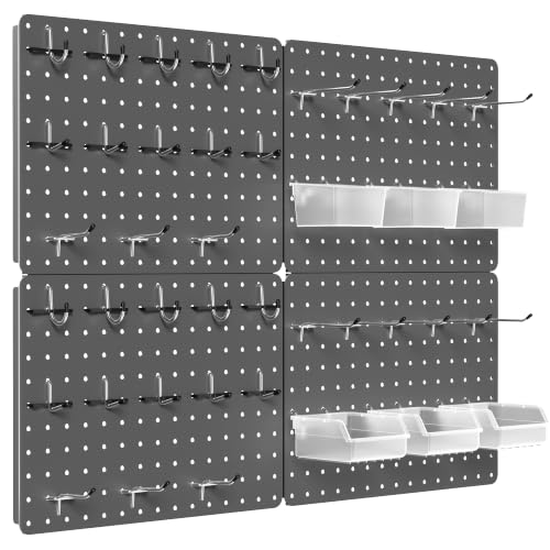Peg board, Metal Pegboard for Tools, 4 Pack Gray Wall Organizer with Hooks | 12"x16" steel panels with 36 hooks, 6 bins and peg locks for garage tools, kitchen, office and craft storage - color: Gun gray, size: 16"x12"- 4 Pcs