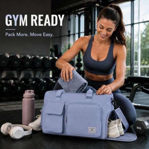 FIORETTO Women's Gym Duffle Bag with Shoes Compartment, 30L Capacity, Ideal for Travel, Gym, Sports, Duffel, Weekender - color: Grayish Blue, style: Gym Bag With Toiletry Bag