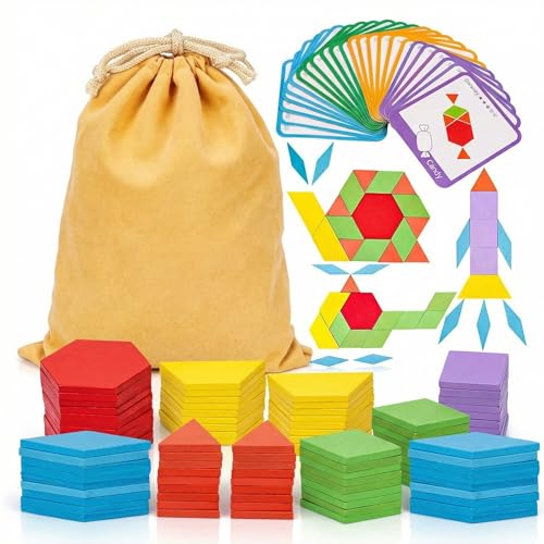 LovesTown 209 PCS Shapes Wooden Pattern Blocks for Kids, Geometric with Activity Cards and Storage Bag, Educational Tangram Puzzles,Great Learning Gift from Parents or Teachers - size: 230