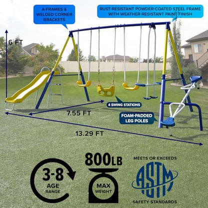 Sportspower Royal Fun Metal Swing Set for Kids Ages 3-8 with 2 Swings, Standing Swing, Glider, Teeter-Totter & 5FT Slide, Anchor Kit, 6.1FT Steel Frame, Outdoor Playground with 800 lbs Weight Capacity