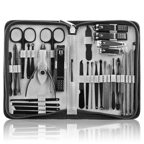 Manicure Set 32pcs Professional Nail Clippers Kit Pedicure Care Tools-Stainless Steel Grooming Tools for Travel, Black