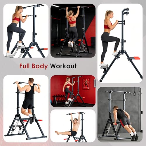 DlandHome Foldable Pull Up Bar Dip Station With Stair Stepper, Adjustable Multifunction Workout Power Tower Pull-up Bars for Home Gym, Strength Training Equipment, Triangular Legs, Up to 330lbs