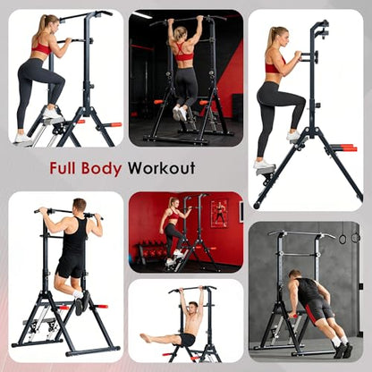 DlandHome Foldable Pull Up Bar Dip Station With Stair Stepper, Adjustable Multifunction Workout Power Tower Pull-up Bars for Home Gym, Strength Training Equipment, Triangular Legs, Up to 330lbs