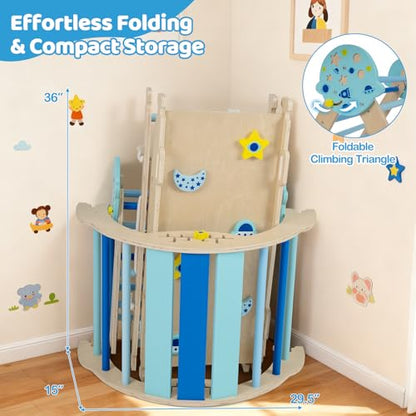 Costzon Pikler Triangle Set, 9-in-1 Foldable Baby Climbing Toys, Wood Montessori Climbing Set for Learning and Motor Skills, Indoor Playground Jungle Gym for Toddlers 3+ Climber Gifts (Blue) - style: 9 in 1 Arch Climber Ladder, Blue