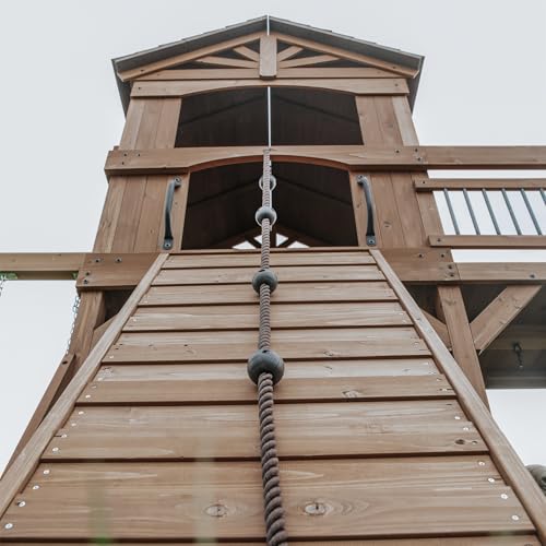 Backyard Discovery Sterling Point Cedar Wood Swing Set with Wave Slide, Raised Clubhouse, Wooden Bridge, Rock Wall, Belt Swings, Web Swing, Trapeze, Balcony, Climbing Wall, Ladder, Outdoor Playset - color: Yellow Slide, style: Cedar