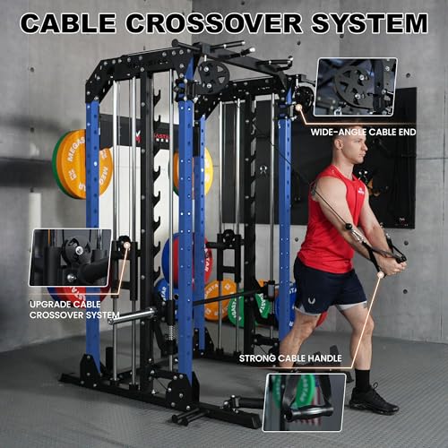 Smith Machine, 2600LBS Squat Rack, 7-in-1 Home Gym Cage with Adjustable Safety Bars, Pull-Up & LAT Pulldown - color: Blue, size: P107 Only Smith Machine