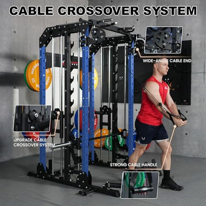 Smith Machine, 2600LBS Squat Rack, 7-in-1 Home Gym Cage with Adjustable Safety Bars, Pull-Up & LAT Pulldown - color: Blue, size: P107 Smith Machine with Bench