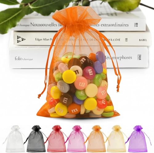 ANZNKU 50 PCS Organza Bags 5 x 7, Orange Small Mesh Gift Bags Drawstring | Sheer Goodie Sachet Pouches for Wedding Party Favors Baby Bridal Shower & Halloween, Use for Candy Jewelry Soap Treats Makeup - color: Orange