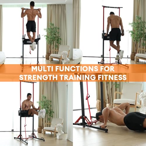 ONETWOFIT Foldable Power Tower Pull Up Bar Dip Station, Multi-Function Adjustable Height, Strength Training, 400LBS Capacity