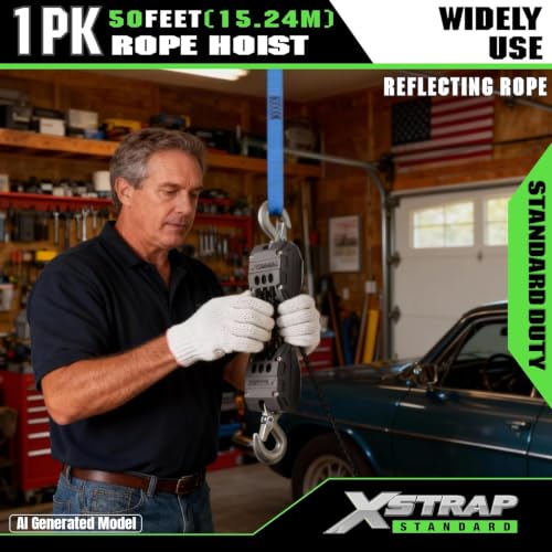 XSTRAP STANDARD 50FT Reflective Rope Hoist Pulley Block & Tackle 5:1 System | 1000 LB Working Load, 2000 LB Break Strength, 50 FT Rope Hoist with 2 Soft Loops for Garage, Hunting & DIY Attic Lift - color: Reflective Black