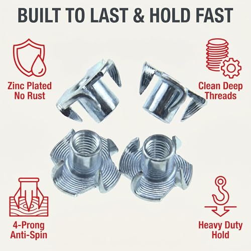 M10 T Nuts for Wood: 30 Pack 4 Prong T-Nuts Zinc Plated Threaded Inserts No Rust – for Furniture Climbing Holds & Plywood - size: M10(30Pack)