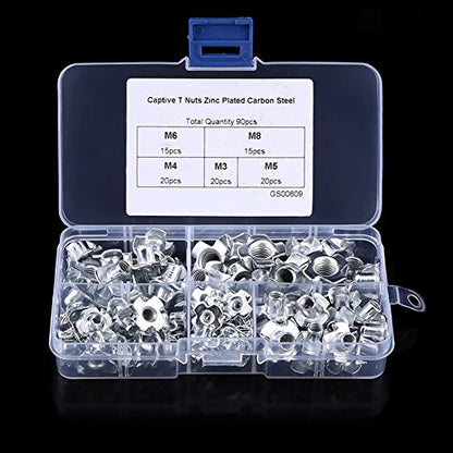 Four-Pronged T Nut Kit, 90pcs Carbon Steel M3/M4/M5/M6/M8 Four Pronged T Nuts Blind Inserts Nut Four Claw Nuts Assortment Kit for Wood Furniture Rock Climbing Holds Cabinetry