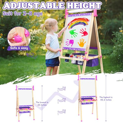 Wooden Art Easel for Kids,Double Sided Adjustable Magnetic Drawing Board | Kids Easel with Paper Roll,Whiteboard & Dry Erase Chalk Board,Toddler Easel for 4 -8 Year Old Boy Girl Birthday Gifts - color: Purple