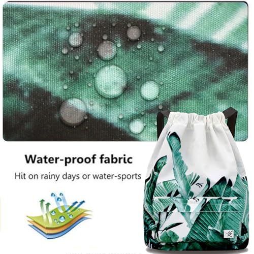 Waterproof Drawstring Bag, Gym Bag Sackpack Sports Beach Backpack for Men Women - color: 06-white Bnana Leaves