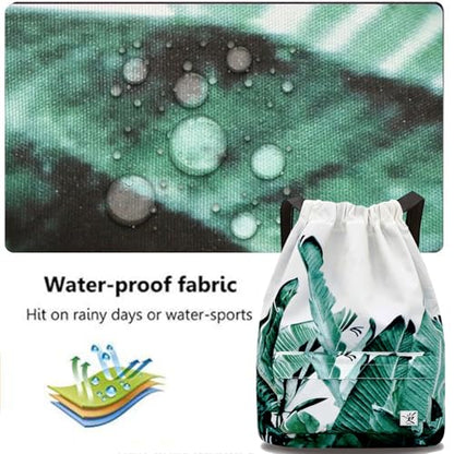 Waterproof Drawstring Bag, Gym Bag Sackpack Sports Beach Backpack for Men Women - color: 06-white Bnana Leaves