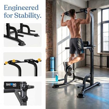 BARWING Pull Up Bar Station, Power Tower, Dip Station with 3D Backrest, Multi-Function Strength Training Stand Rack, Adjustable Height Dip Bar for Home Gym Workout Stand Fitness Exercise Equipment - color: P008-B