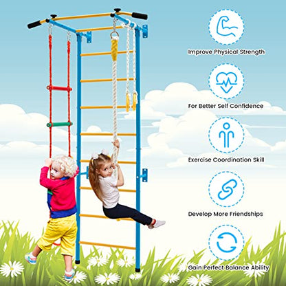 HONEY JOY Climbing Toys for Toddlers, Upgrade Metal Indoor Kids Gym for Solid Wall, Playground and Climbing Exercise Set with Rope Ladder, Pull-up Bar, Monkey Bars, Gymnastic Rings (5 in 1) - size: 5 In 1