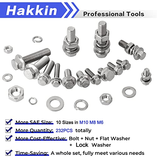 Hakkin 232Pcs Flange Hex Bolts and Nuts Kit M6 M8 M10 Metric Bolt Assortment, 304 Stainless Steel Metric Hex Bolt, M6-1.0 M8-1.25 M10-1.5 Flange Screw Set Nuts and Bolts Assortment Kit - size: 232PCS M6 M8 M10 Flanged Bolts Silver
