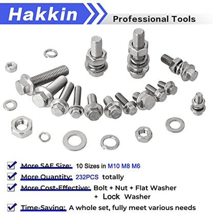 Hakkin 232Pcs Flange Hex Bolts and Nuts Kit M6 M8 M10 Metric Bolt Assortment, 304 Stainless Steel Metric Hex Bolt, M6-1.0 M8-1.25 M10-1.5 Flange Screw Set Nuts and Bolts Assortment Kit - size: 232PCS M6 M8 M10 Flanged Bolts Silver